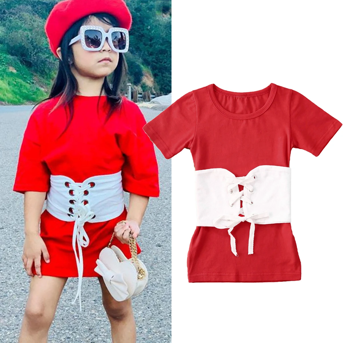 Одежда для маленьких девочек Красное платье Топы с короткими рукавами Модный