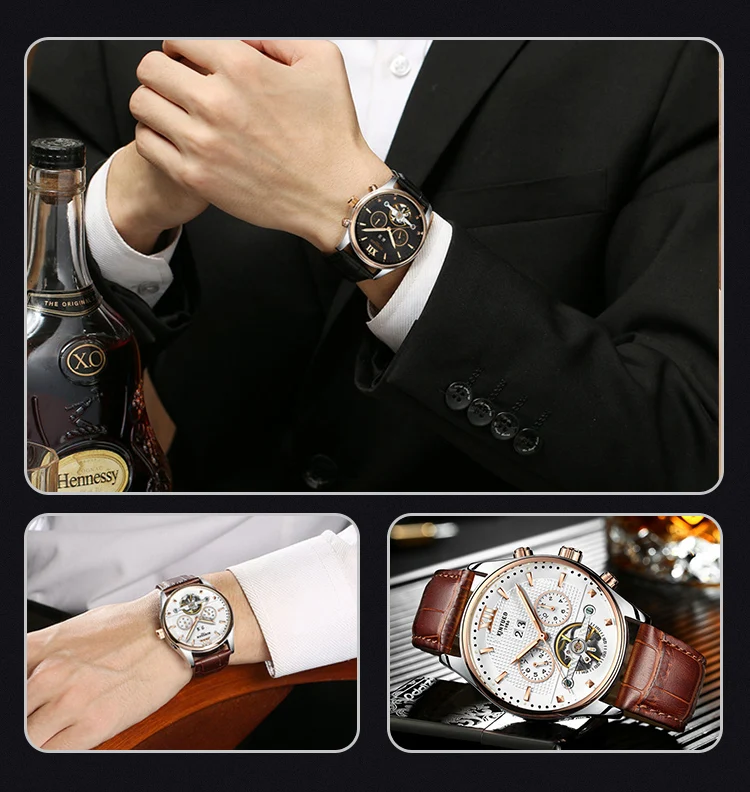 Новые KINYUED швейцарские автоматические Tourbillon механические часы многофункциональные водонепроницаемые светящиеся кожаные мужские автоматические часы