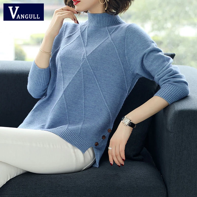 Свитер женский трикотажный с высоким воротником и длинным рукавом | Женская