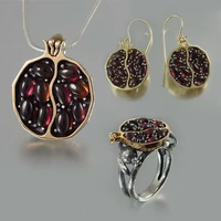 vintage round red pomegranate garnet pendant necklace for woman girl cz stone pendant necklace wedding band jewelry