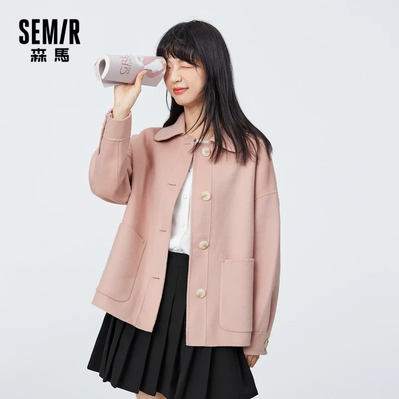 

SEMIR Woolen Women Sheep Wool Coat Soft And Comfortable Loose Coat 2021 Spring New Small Lapel Big Pocket Jacket