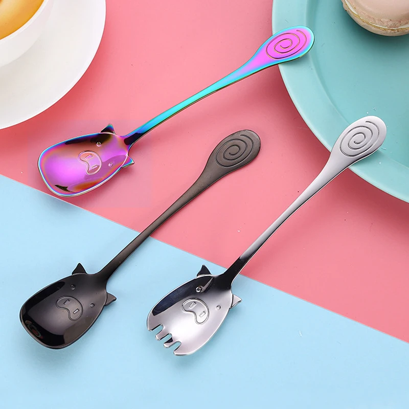 

Colorful Cute Small Pig Spoon Coffee Tea Stiring Spoon Stainless Steel Pig Shape Fork Home Kitchen Tableware Table Decoration