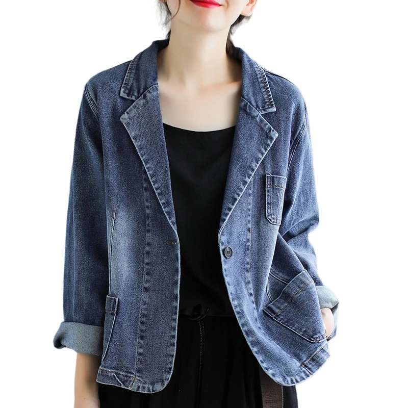 

Куртка женская джинсовая с отложным воротником, свободная повседневная верхняя одежда из денима с карманами и длинным рукавом, темно-синяя верхняя одежда на осень