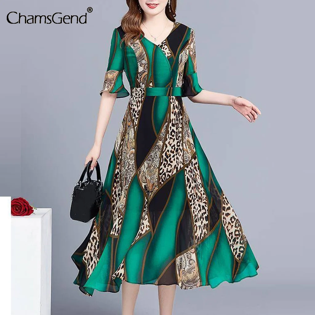 

Fashion Boho Floral Print Beach Dress Women Summer V-neck Knee Length Short Sleeve Dress Vintage Chiffon Midi Dress Vestidos