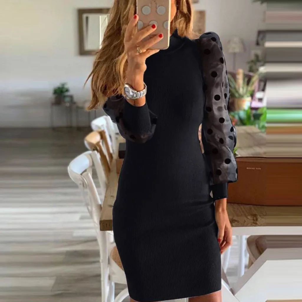 Кружевное платье 2020 Топ Женская мода сплошной цвет с О образным вырезом в горошек