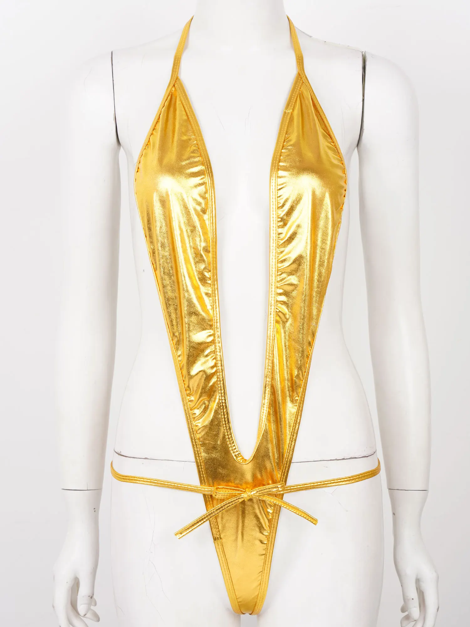 Женское блестящее экзотическое боди костюм-кошка из металлической кожи на