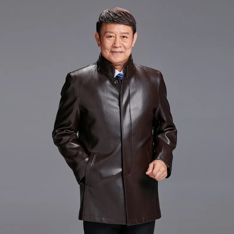 Мужская кожаная парка с воротником из меха норки для мужчин среднего и пожилого