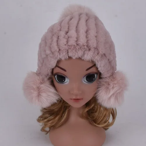 Leather pink Детские меховые шапки, натуральный мех кролика Рекс, теплые зимние шапки для мальчиков и девочек, меховая шапка, вязаная шапка с заячьими ушками для мамы и ребенка - Цвет: Leather pink