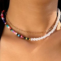 bohemian rainbow seed beads pearl choker necklaces for women fashion simple layered gold color clavicle chain necklaces jewelry