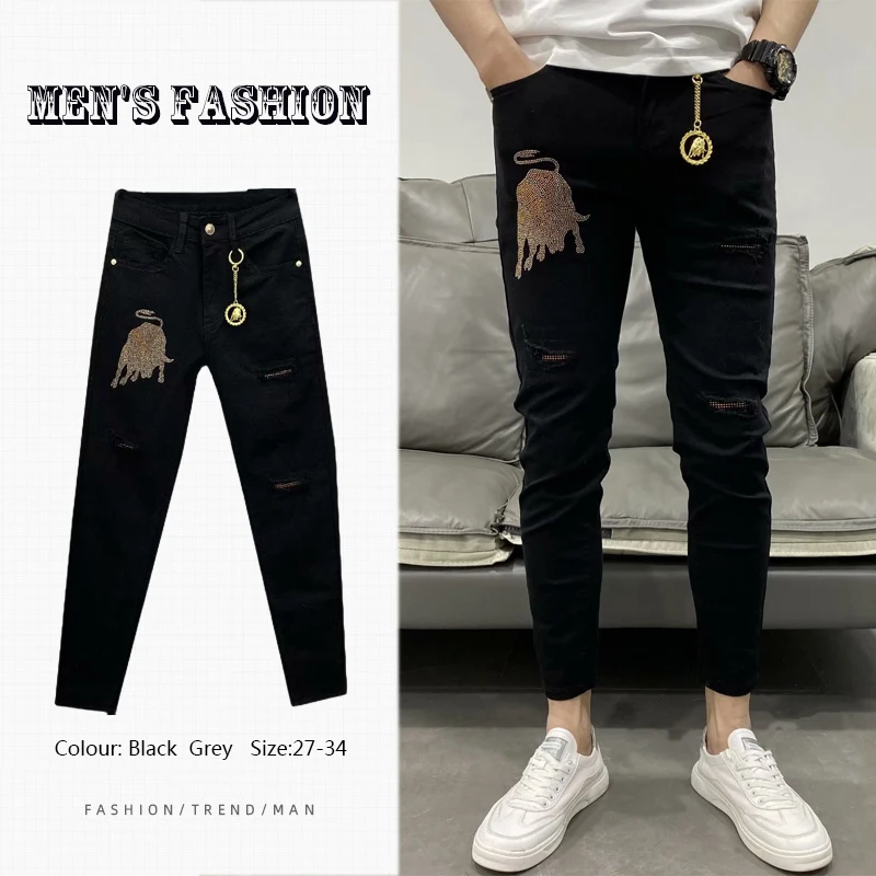 

Модные облегающие повседневные джинсы, мужские трендовые рваные Прямые повседневные джинсы, модная мужская уличная одежда, мужские джинсы