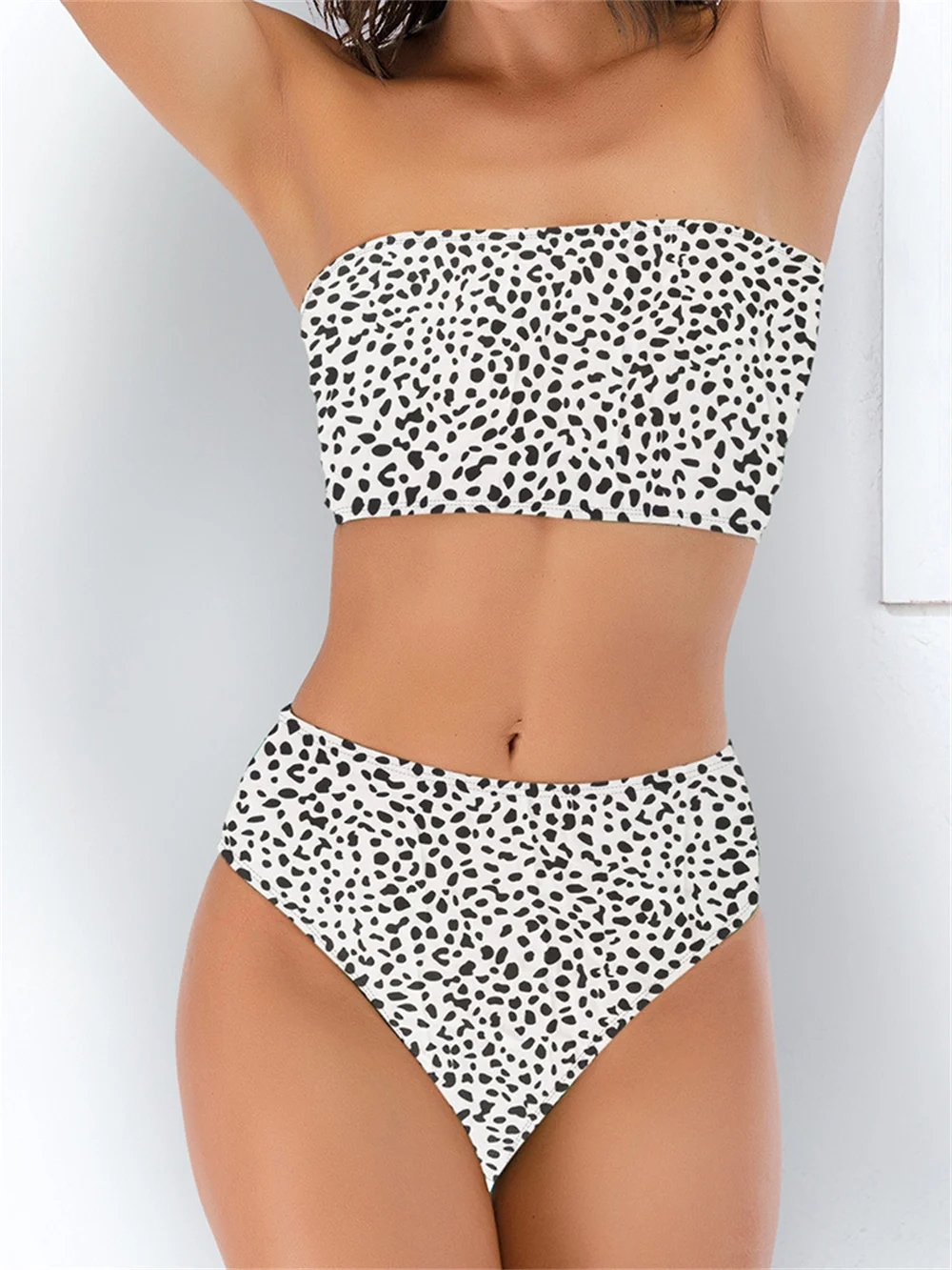 

2021 Sexy Swimwear Swimsuit Women Print High Waist Bikini Set Strapless Bandeau Bathing Suit Female Beach Wear Biquini Leopard