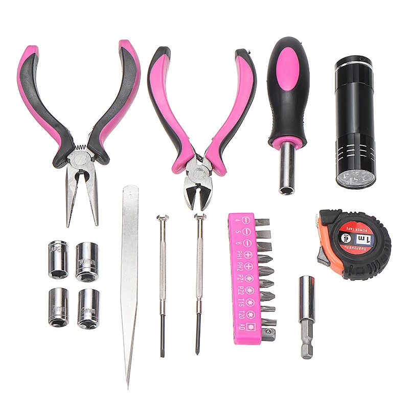 

23pcs Female Hand Repairing Tool Kit Pink Multi-function Pliers Screwdriver Household Tool Plier Screw Tape Measure Home Tool