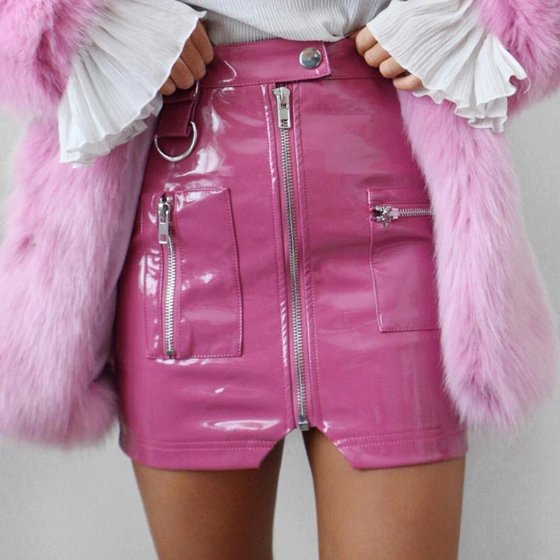 Pink Lossky короткая женская юбка из искусственной кожи, Корейская Сексуальная облегающая мини-юбка с разрезом, осенняя зимняя плюшевая теплая одежда на молнии для женщин - Цвет: Pink