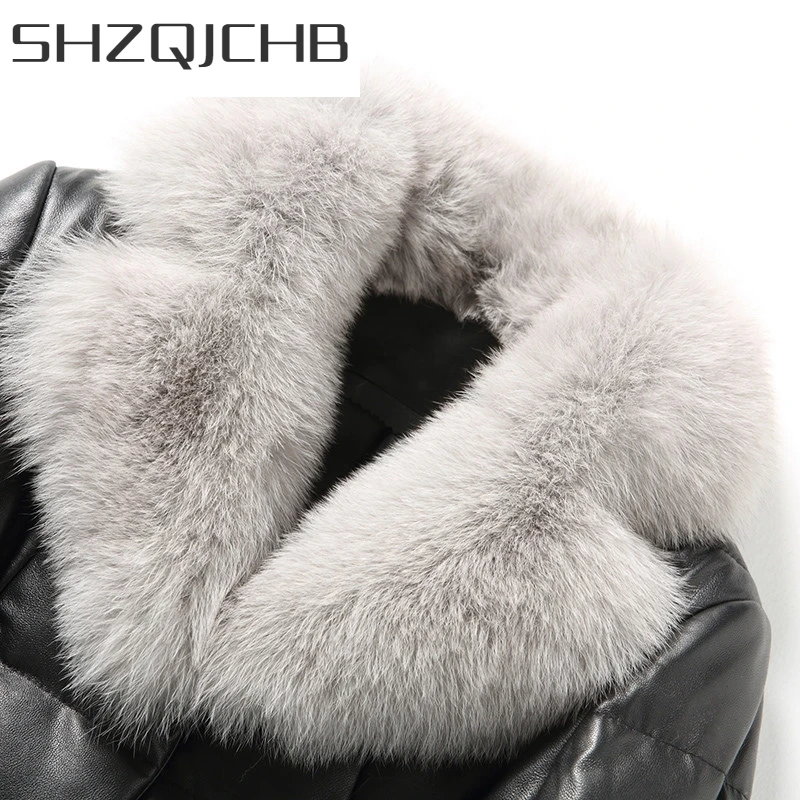 

JCHB 2021 New Womens Genuine Leather Down Jacket Fox Fur Collar Sheepskin Long Coat Female Design Slim Black Overcoat Plus Size