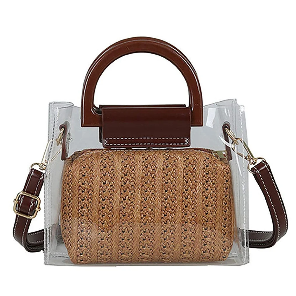 Женские Прозрачные сумки летние соломенные через плечо из двух частей женские
