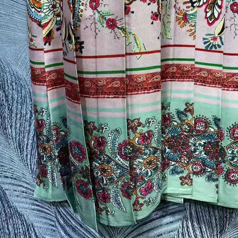 

SEQINYY Vintage Dress Pleated Summer Spring New Fashion Design Women Runway High Quality Flowers Print Pink Green Knee