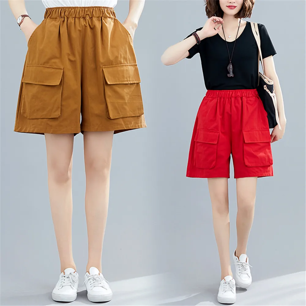 Шорты женские однотонные с эластичным поясом повседневные свободные