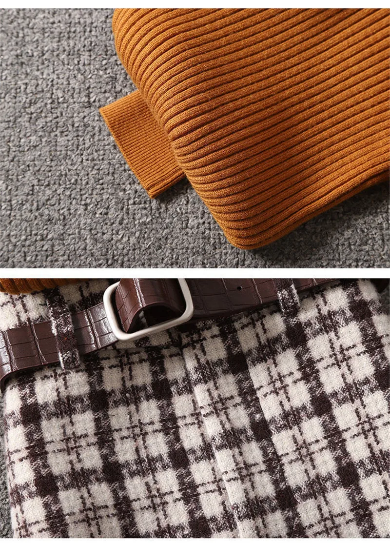 

CBAFU tweed skirt suit lanter sleeve knittes sweter autumn winter mature temperament plaid long skirt belt tw0 piece set M243