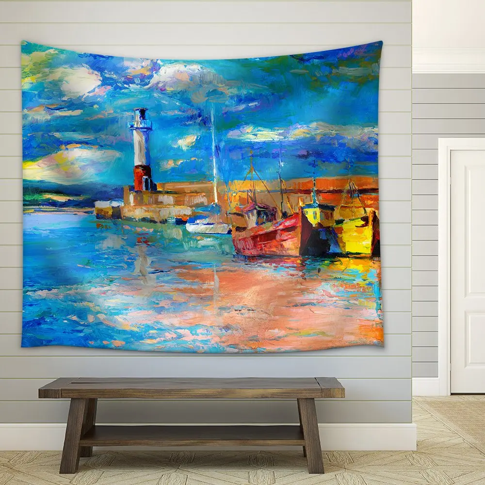 

Lighthouse and Boats Rich Golden Sunset Over Ocean Tapestry Home Decor
