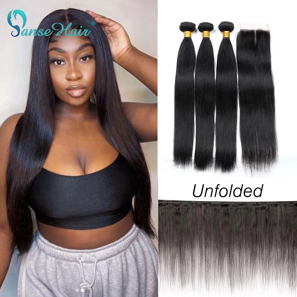 

Panse Hair Malaysian Hair 3 Bundles With Lace Closure 4X4 Silky Straight 100% Human Hair Extensions Non Remy Double Weft Bundles