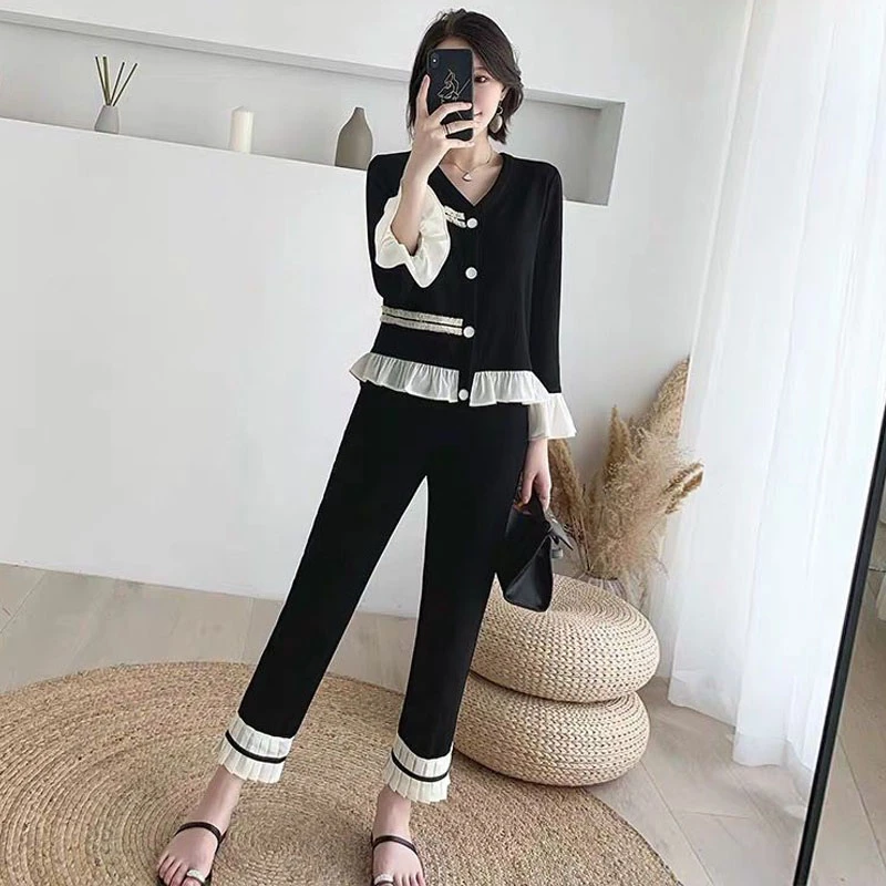 

2021 Autumn Tracksuit Korean Knitted Pants Two Piece Set Chic V-neck Cardigan Tops Ruffled + High Waist Wide Leg Long Pants sets