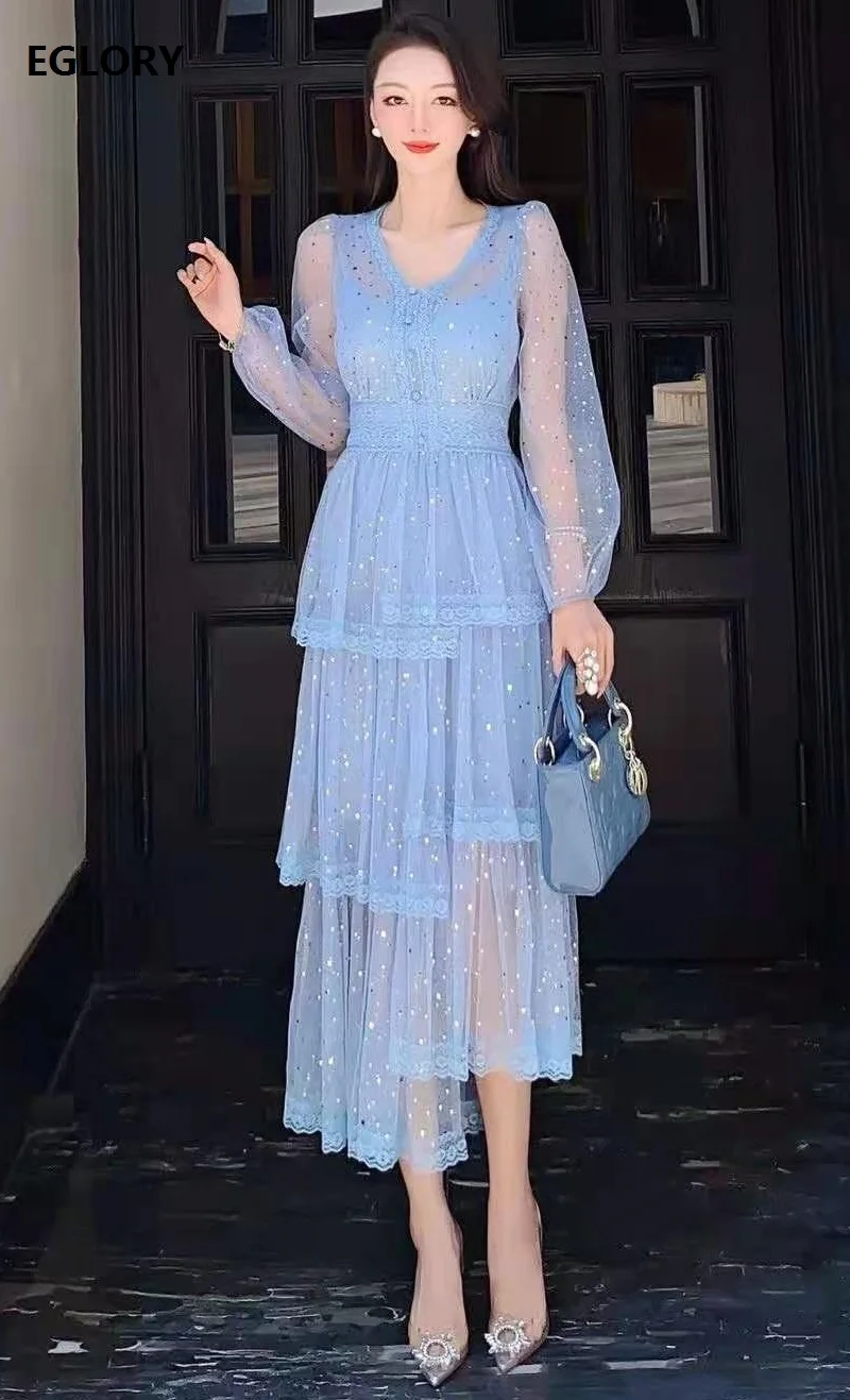 

Pink Blue Long Dress 2021 Spring Summer Party Wedding Women V-Neck Polka Dot Patterns Lace Mesh Sexy Long Maxi Dress Vestidos