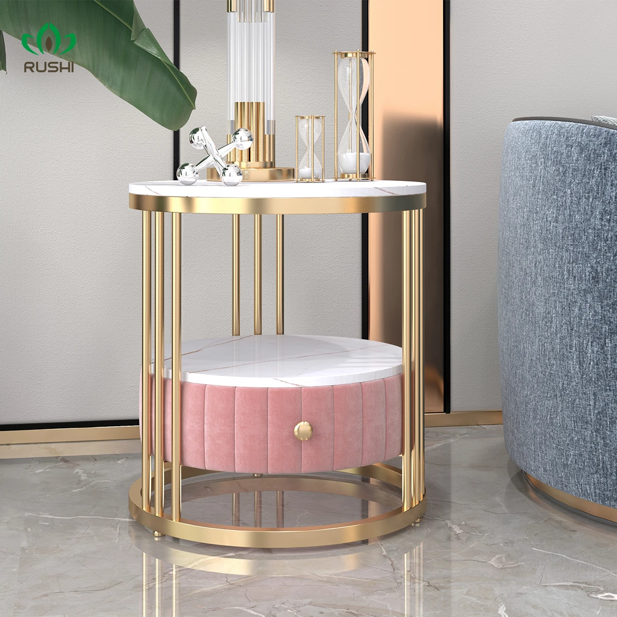 

Nordic Sofa Side Table Double-Layer round Corner Table Marble Stone Plate Luxury Quality Drawer Golden Iron Coffee Table