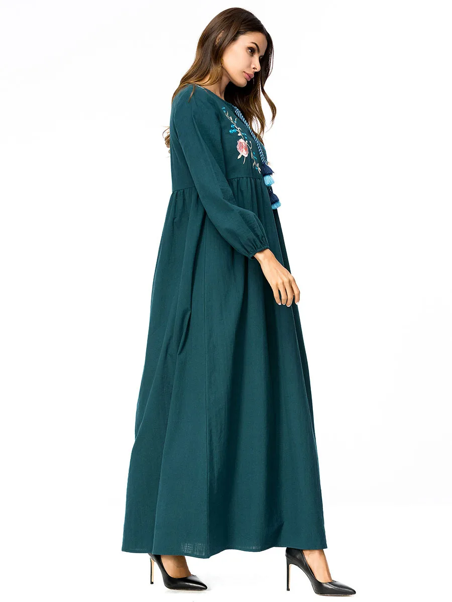 Женское платье макси с вышивкой Abayas зеленое длинным рукавом в мусульманском