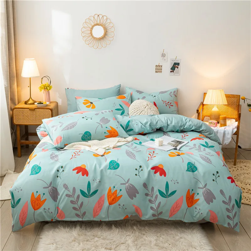 

New Bears Leaves Print Bed Linen Set Bedding Set Bedclothes with Sheet Pillowcase Students Dormitory Bed Duvet Cover Set