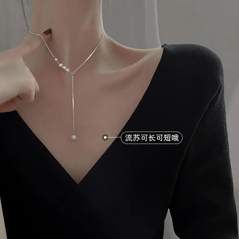 

925 Sterling Silver Pearl Tassel Adjustable Necklace for Women French Simple Light Luxury Clavicle Chain Gift