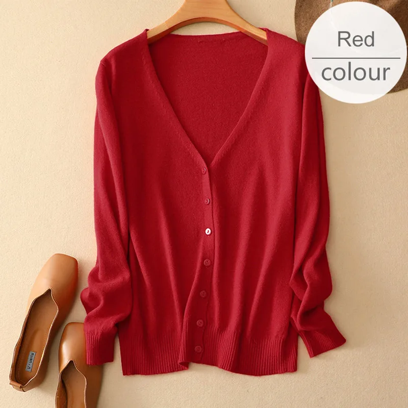 V-neck Rust Red Однобортный Для женщин свитер вязаный тонкий кардиган с круглым вырезом с длинным рукавом женские кардиганы Демисезонный женские топы - Цвет: V-neck Rust Red