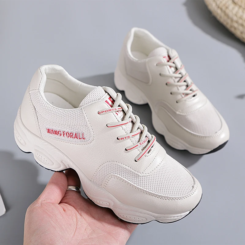 

Fashion Lady Casual White Shoes Women Sneaker Black Leisure Thick Soled Shoes Flats Cross-tied Lace-Up White Female Student