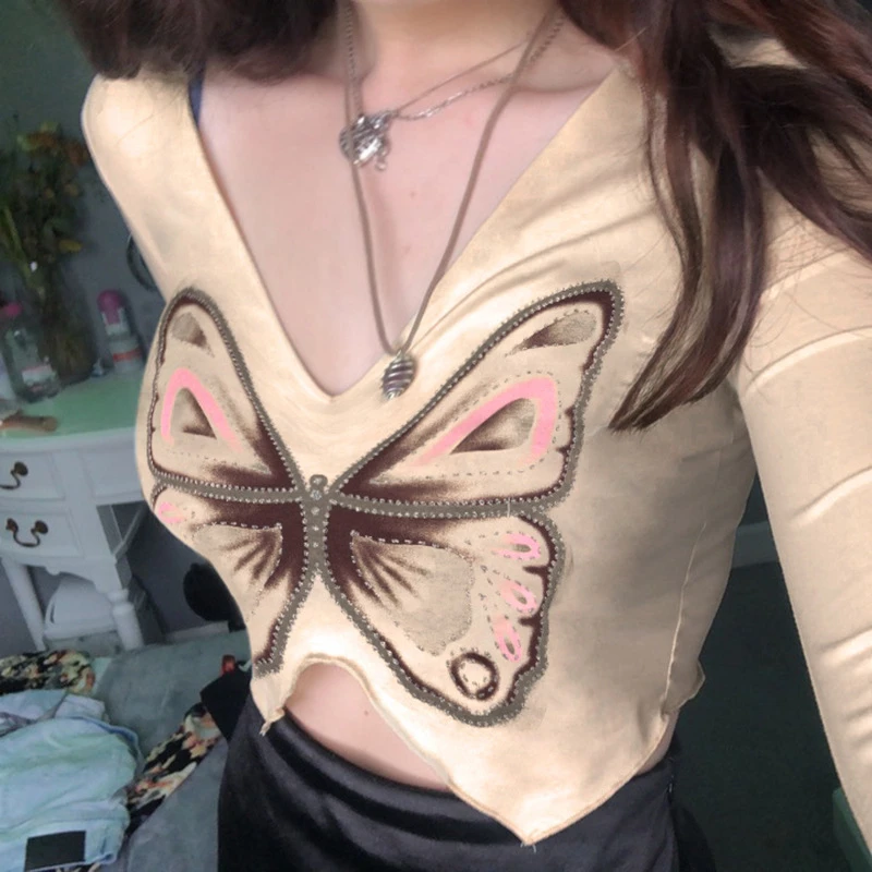 Y2K эстетические Стразы топы в стиле 90-х с принтом бабочек винтажная женская