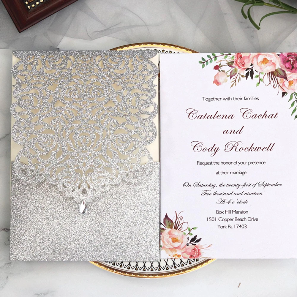 10pcs Wedding Invitation Not Print Hollow Lace Pattern Laser Cut Pocket Diamond Sealed Cards Wedding Anniversary Greeting Card