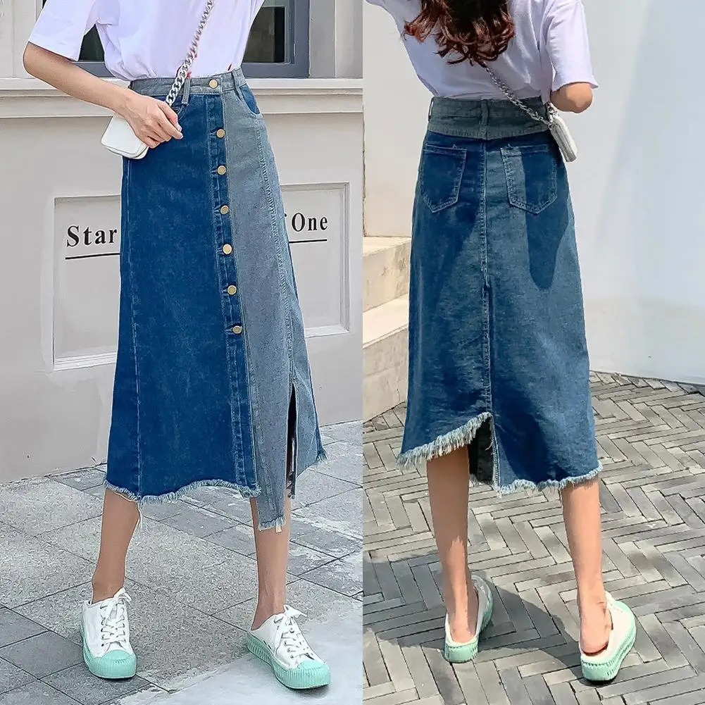

Women High Waist Irregular Patchwork Front Button Side Split Denim Midi Skirt Polyester Fibre Spandex Side Split Patchwork Desig