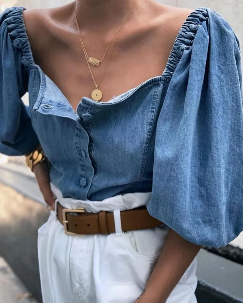 

2019 Fashion Trend Hot Women Loose Denim Long Lantern SleeveT-Shirts Ladies Summer Autumn Casual Buttons Tops Unique New Tees