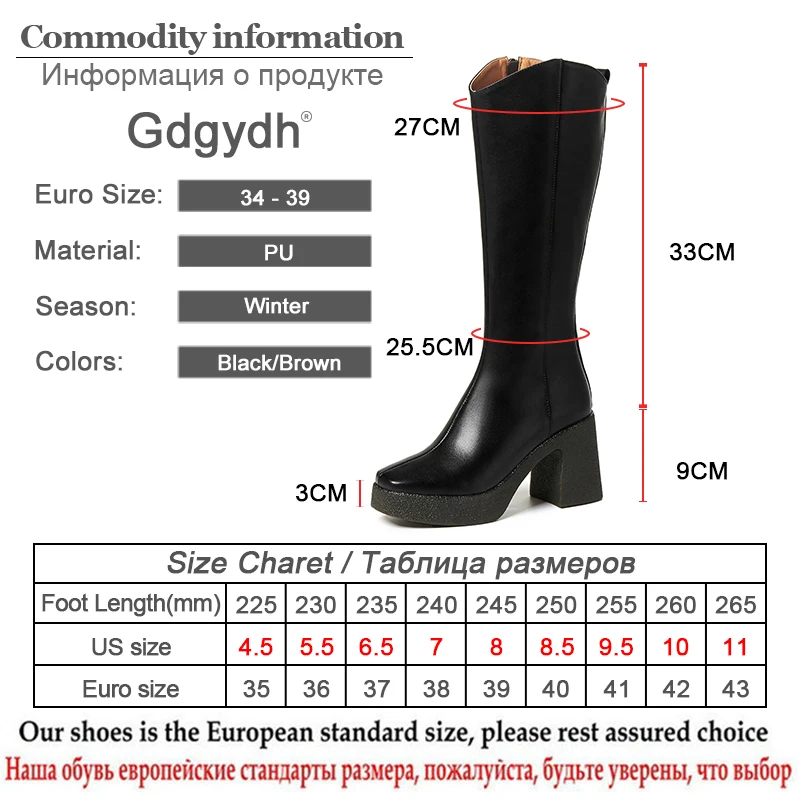 

Gdgydh 2021 New Square Toe Chunky Heel Platform Boots Genuine Leather Knee High Boots For Women Zipper Black Brown Top Quality