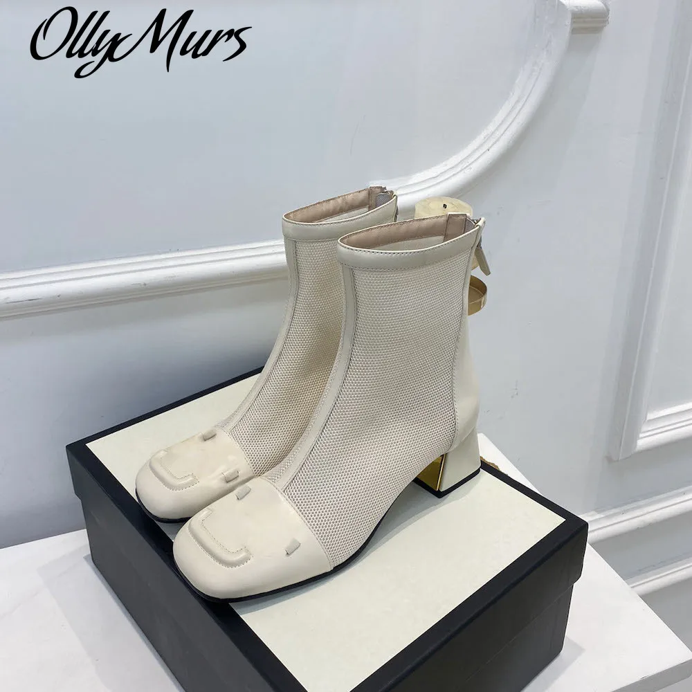 

Ollymurs Women's Boots Breathable Mesh Nylon Boots Ladies Square Toe High Heel Boots For Spring Summer With Zipper Size 34-41