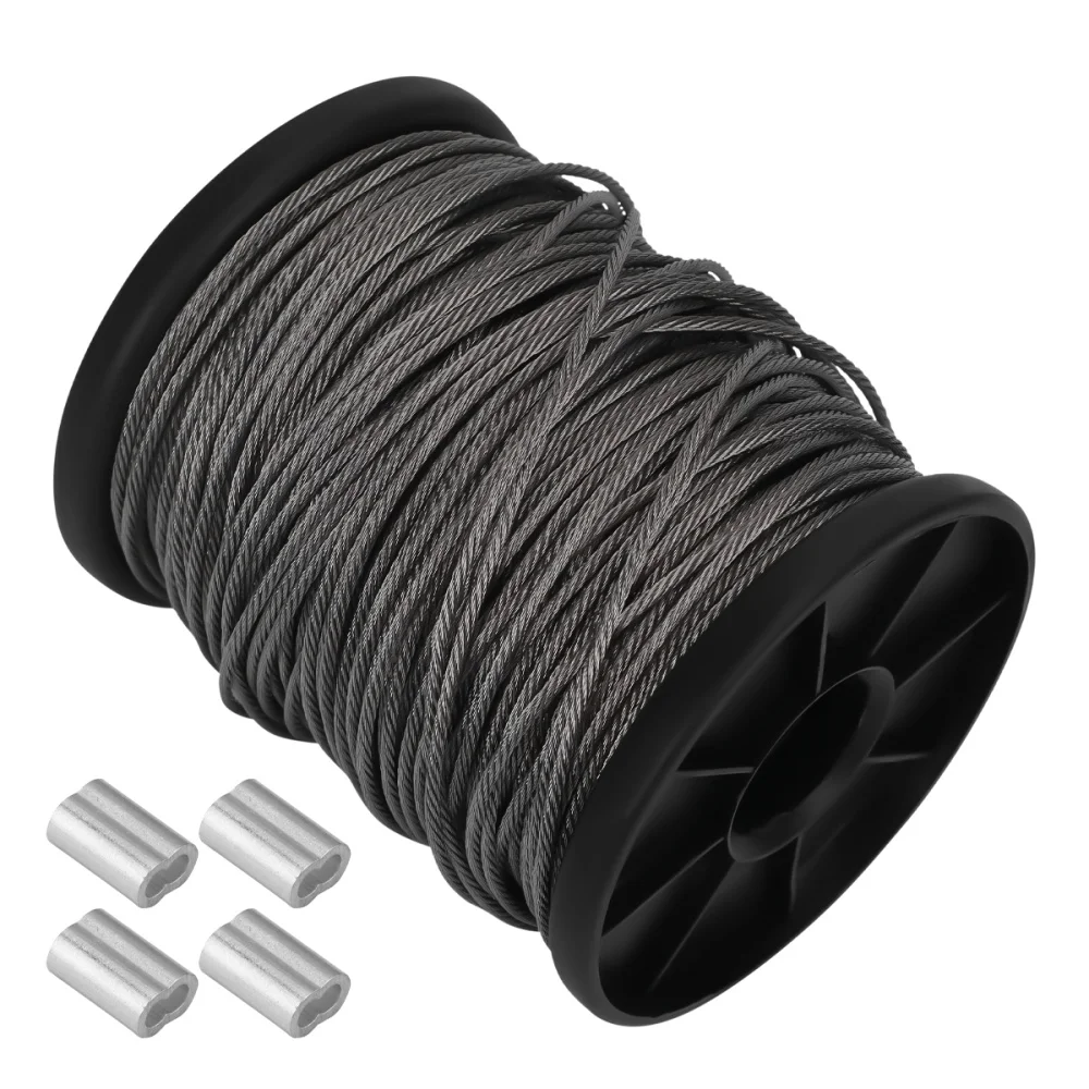 

50M 1.5mm Stainless Steel Wire Spool and 20 Pcs Aluminum Crimping Loop Sleeve for Picture Frame Hanging Wire Clothes Line Liftin