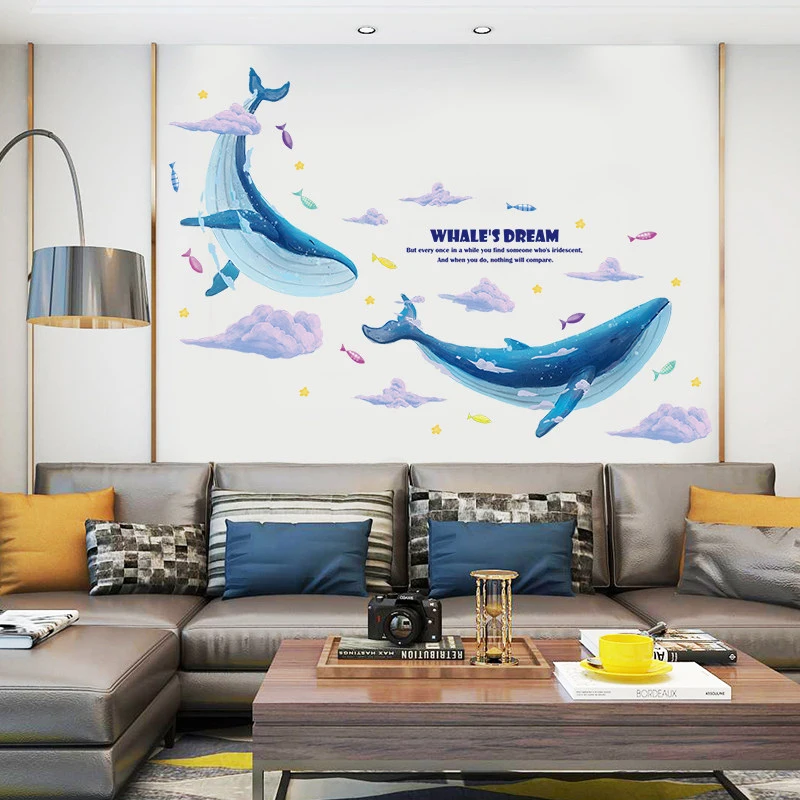 

Flying Big Blue Whales Dream Wall Stickers Kid Childrens Room Decoration Home Decor Toys Bedroom Kitchen Poster Self-Adhesive
