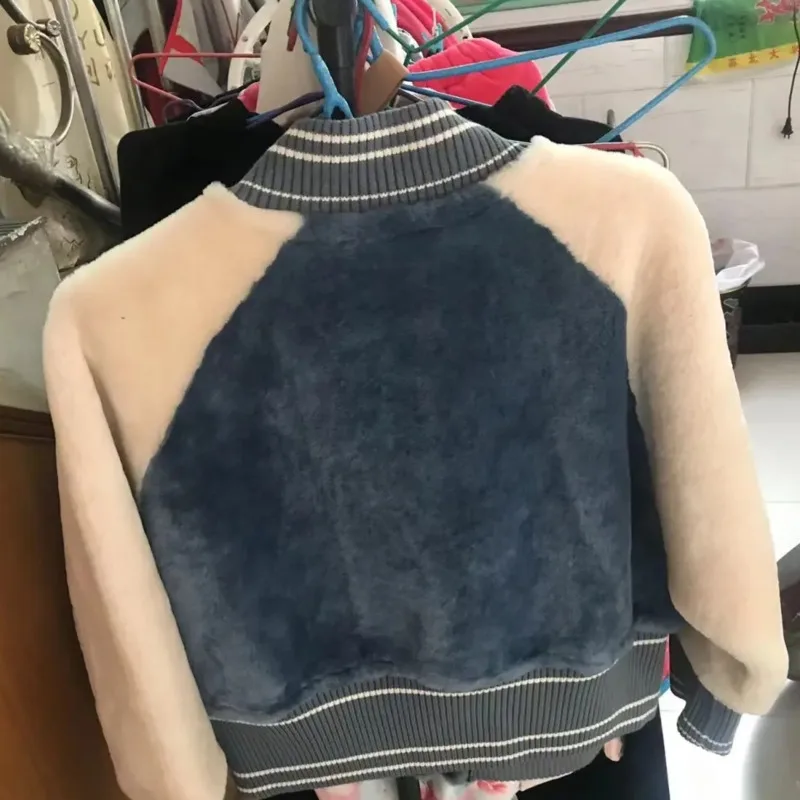 Женское бейсбольное пальто Y2K синего цвета с искусственным Плюшевым Мехом