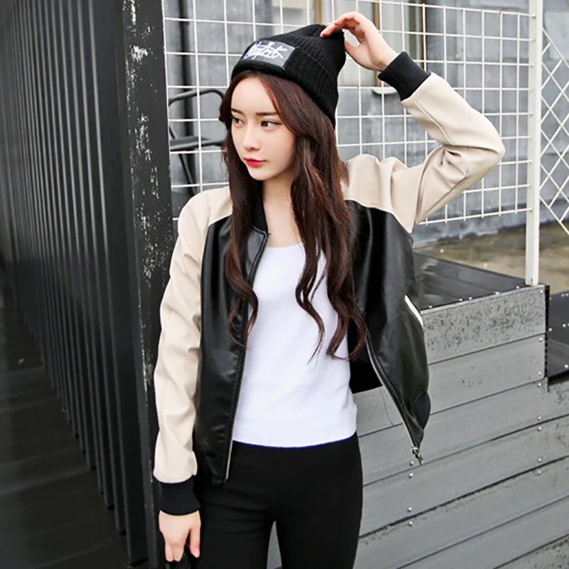 

JMPRS Faux Leather Women Jacket Fashion Patchwork Pu Spring Long Sleeve Motorcycle Short Coat O Neck Biker Black Ladies Clothes