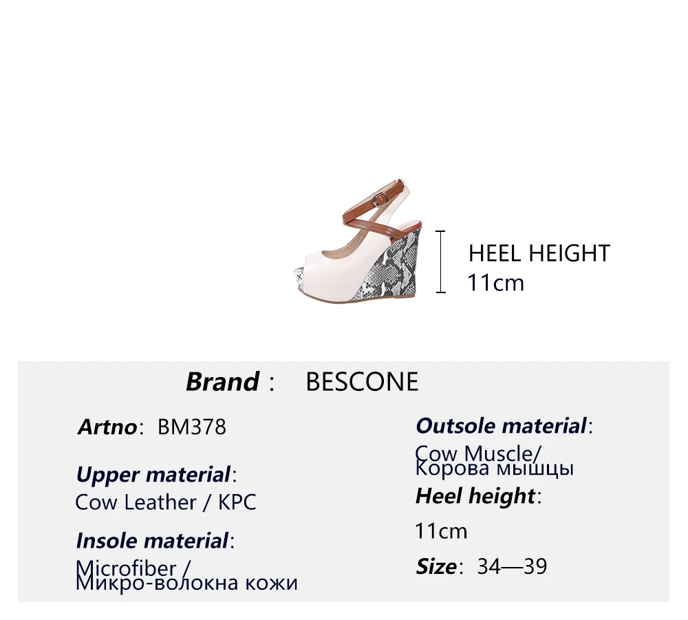 

BESCONE Summer Women Sandals Peep Toe Wedges Super High Platform Ankle Strap Cross-Tied Shoes Cow Leather Slip-On Sandals BM378