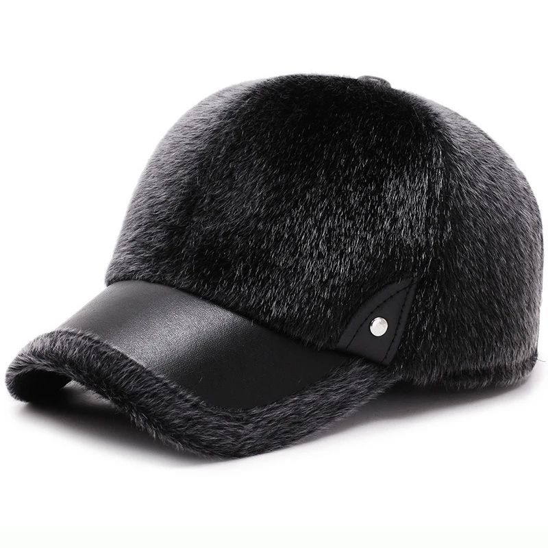 

New Arrival 2022 Winter Warm Ear Flaps Baseball Caps Men Faux Mink Fur Visor Male Outdoor Black Dad Hats