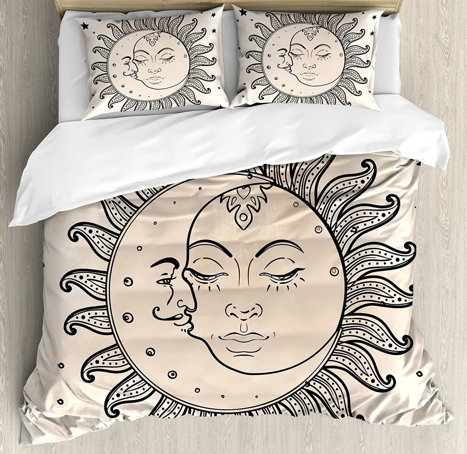 

Sketchy Duvet Cover Set Sun and Moon Celestial Figures Composition Day`s Cycle Mystical Art Inspiration Bedding Set for Home