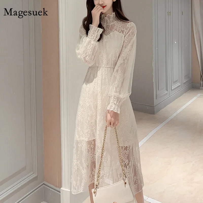 

Spring Autumn 2020 New Elastic Waist Thin Bottom Apricot Lace Dress Sweet Stand Collar Lace Ruffled Slim Lady Style Dress 12530