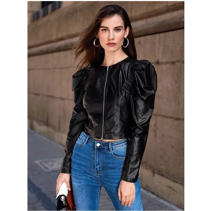 

FUFUCAILLM Women PU Leather Jacket Zipper Puff Sleeve Cropped Coat Black Pink Outfit Autumn Winter Fashion Elegant Female Tops