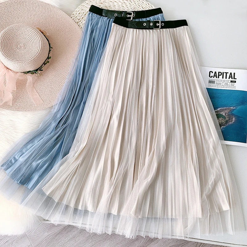 

Wasteheart Summer New Black Blue Women Skirt High Waist A-Line Long Mid-Calf Ruffles Sexy Casual Skirts Ball Gown Floral Plaid