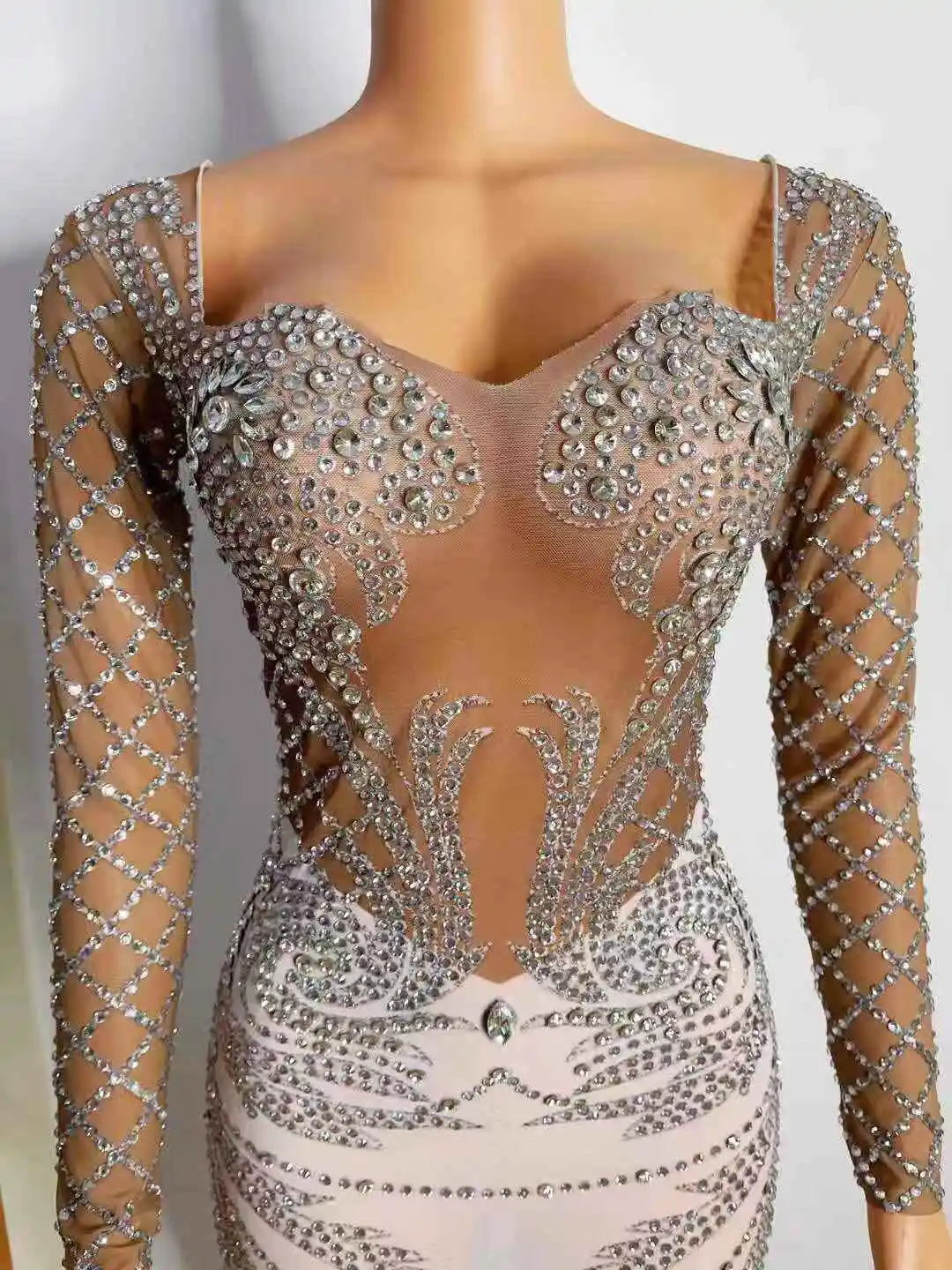

Women Spring Diamonds Mesh Long Sleeve Celebrity Evening Party Dress 2021 Birthday Prom Bar Stage Elegant Dress Female