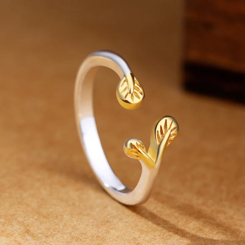 

ModaOne Delicate 925 Sterling Silver Gold Leaf Opening Rings Sweet Branch Finger Ring For Women Jewelry Gifts Wholesale